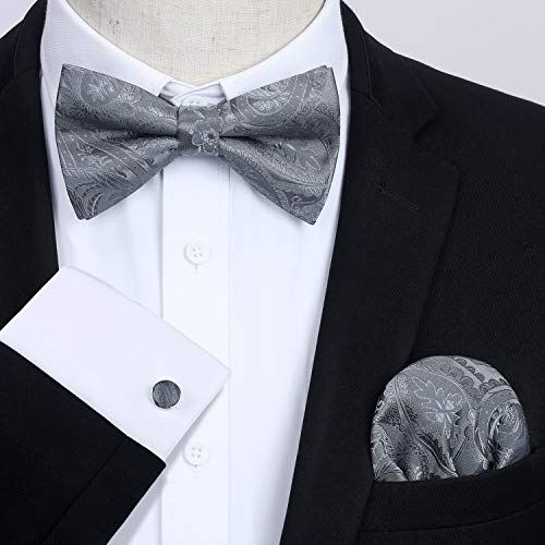 Image of HISDERN Bow Ties for Men Pretied Bow Tie Set Paisley Classic Bowties and Pocket Square Cufflinks Set for Wedding Party