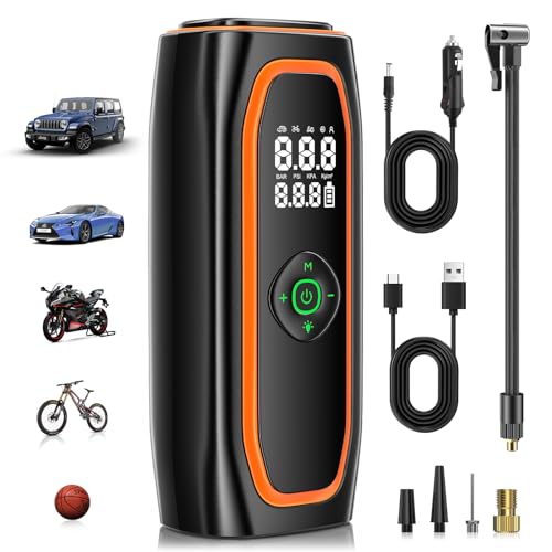 Compresor Aire Portatil, 220PSI Inflador Electrico con Batería 10000mAh, Inflador Ruedas Coche Inteligente de Un Clic para Coche, Motocicleta, Bicicleta y Más con Medidor de Presión de Neumáticos