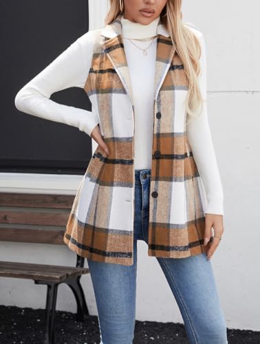 olrain Women Flannel Plaid Sleeveless Blazer Vest Lapel Neck Button Down Long Jacket Outwear Coat With Pockets Fall Winter4