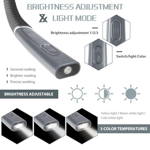 Image of Book Reading Light, 3 Colors, 9 Brightness Levels, Rechargeable Neck Light with Bendable Arms, Includes Metal Christmas Tree Bookmark