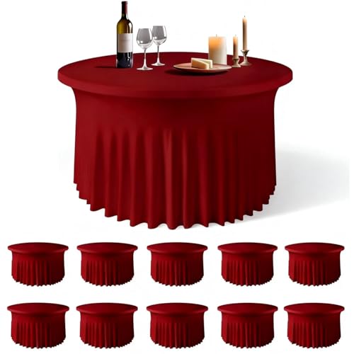 WJWHQ 10 Pack Red Round Spandex Tablecloths for 60in Tables, 120Inch Stretchy Fitted 5FT Round Table Clothes,Wrinkle Free Table Cover with Skirt for Wedding Party Dining Banquet