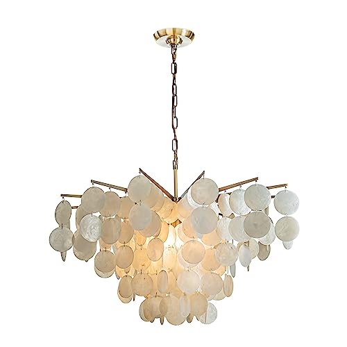 ALOADECOR 6-Light 30" Cone Shape 5-Tier Coastal Capiz Shells Chandelier with Antique Gold Metal Farmhouse Natural Seashell for Dining Room Living Room - Image 2