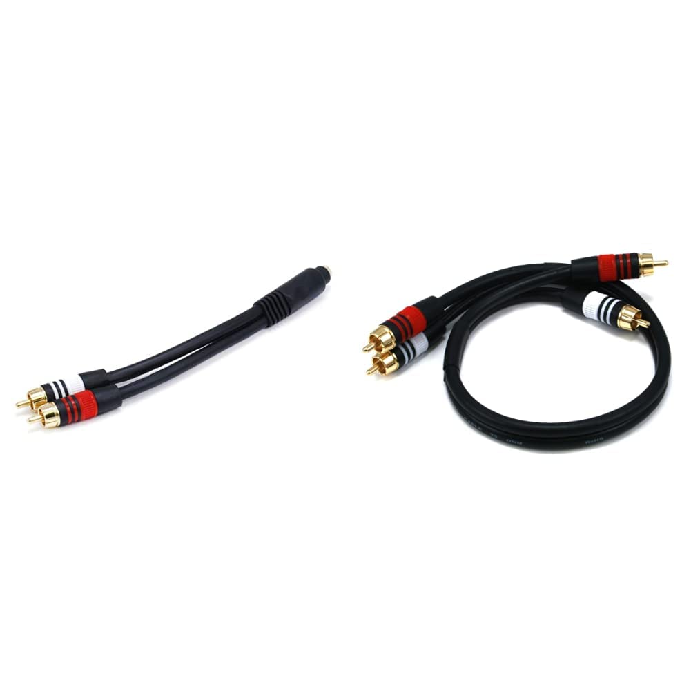 Monoprice 6inch Premium 3.5mm Stereo Female to 2RCA Male 22AWG Cable (Gold Plated) - Black & 1.5ft Premium 2 RCA Plug/2 RCA Plug M/M 22AWG Cable - Black