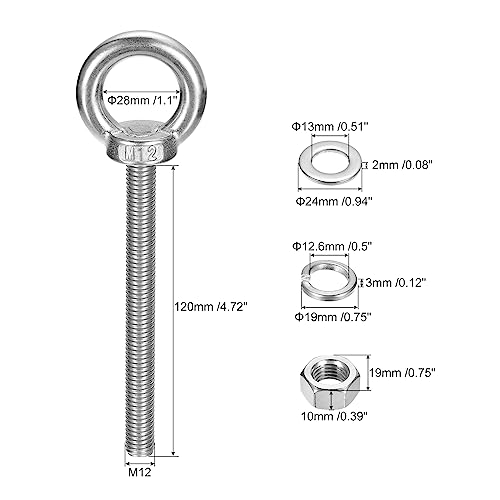 Image of uxcell Lifting Eye Bolt, 1 Set M12x120mm Eye Bolt with Nut Washer 304 Stainless Steel Shoulder Lifting Ring Eye Bolt for Hanging Item