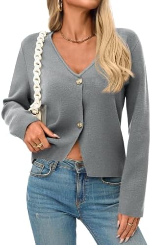 Saodimallsu Womens V Neck Cardigans Long Sleeve Button Down Cropped Knit Trendy Front Slit Dressy Casual Fall Sweater Blazers
