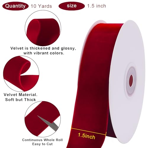 Image of Tsorode 10 Yards Black Velvet Ribbon 1 Inch for Christmas Tree,Velvet Christmas Ribbon for Gift Wrapping Crafts Bow Wreath Holiday Decorations (Red, 1 1 /2 inch-10 Yard)