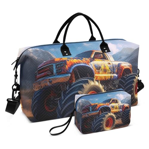 Large Travel Duffel Bag, Orange Truck Sports Tote Gym Bag, Shoulder Weekender Overnight Bag for Women Men, Carry On Luggage with Toiletry Bags