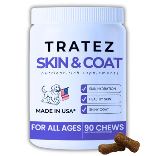 TRATEZ Skin & Coat Supplement for Dogs - Omega 3 6 9 Fish Oil & Vitamin E Soft Chews - Dog Itch Relief Anti-Shedding & Shiny Coat Support for All Breeds 90 Count