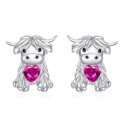 Boucles d'oreilles vache des Highlands en argent avec pierre de naissance juillet femme