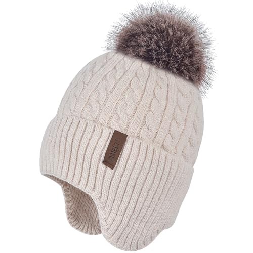 FENELY Women Winter Beanie Hat Knit Earflap Hats Warm Thick Fleece Lined Soft Skull Cap with Fashion Cute Faux Fur Pom Outdoor Indoor Beige Cold Weather Snow Ski Running