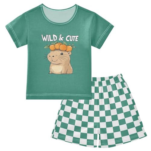 Checkerboard Plaid Orange Capybara Teal Pajama Set Short Sleeve Sleepwear Soft Pajamas Shorts Sets Cotton PJS 5Y