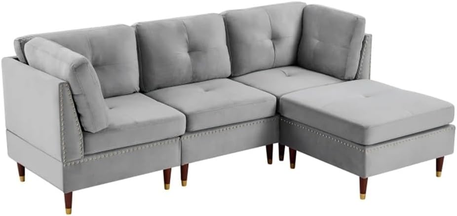 Sectional Sofa Couch with Ottoman, L-Shaped with Nail for Apartment and Living Room