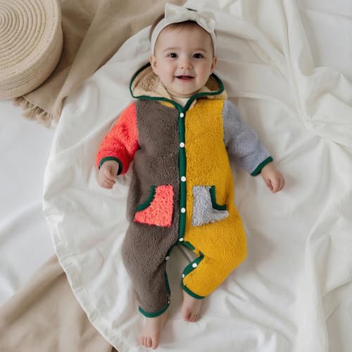Fernvia Baby Boy Girl Fleece Romper Contrast Color Long Sleeve Hooded Jumpsuit Cute Fall Winter Clothes 3 6 12 18 Months3