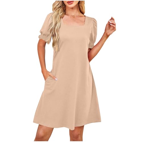Women's Square Neck Dresses Short Sleeve Casual A Line Swing Smocked Mini Dress Summer Fall Fashion Solid Outfits S-2XL Beige