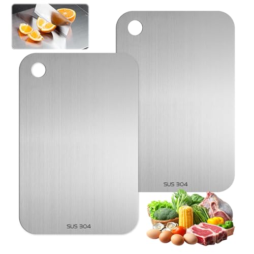 2 Stück Titan Schneidebrett, S304 Schneidebrett Edelstahl, Cutting Board Doppelseitig, Antibakteriell und Anti-Schimmel Stainless Steel Cutting Board für Fleisch, Gemüse, Obst (24 x 15cm)