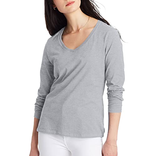 Hanes Women's Originals Long Sleeve Cotton V-Neck T-Shirt, Lightweight V-Neck Tee, Modern Fit