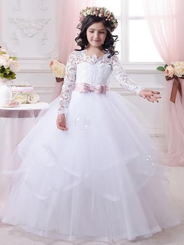 Custom Flower Girl Dresses Tulle Puffy Tiered Floral Appliques with Pink Bow Long Sleeve for Wedding Birthday Banquet Party Holy Communion Gown3