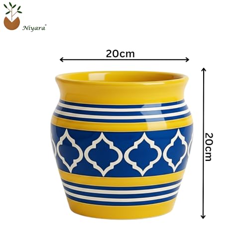 Image of Niyara Designer Ceramic planters pots for Indoor Outdoor Home, Garden Office Decor Balcony Planters Gamla Flower Size- Large, 8 inches (Moroccan Yellow & Blue)