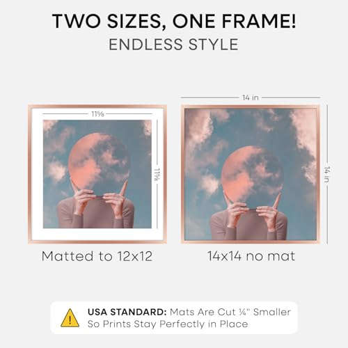 Image of Homeforia 14x14 Picture Frame Rose Gold, High End Metal 14 x 14 Square Poster Frame with Mat 12 x 12 Photo, 14x14 Frame Matted to 12x12 Print, 14by14 Hanging Frames, Tempered Glass, Wall Kit, Set of 1
