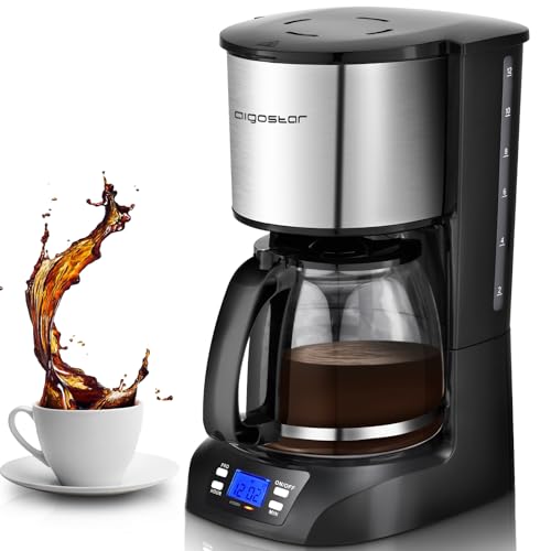 Aigostar Programmable Drip Coffee Maker with 24-Hour Timer, 1.5L/12-Cup, Fast Brewing, 40-Min Keep Warm, Anti-Drip & BPA-Free, Wake to Fresh Coffee Daily - Benno