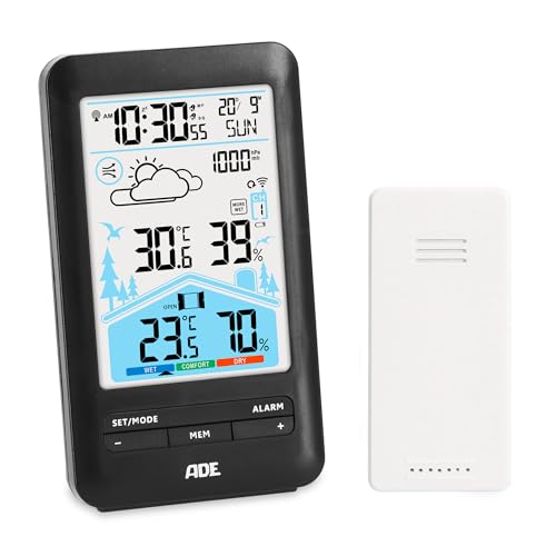 ADE Station méteo numérique avec capteur extérieur | Thermomètre, hygromètre, baromètre | Horloge radio-pilotée avec double alarme | Prévisions météo animées...