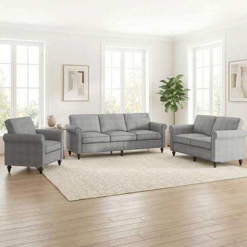 Image of ijuicy 3 Pcs Sectional Sofa Set for Living Room-Modern Linen Upholstered Couch Set with 5 inch Thick Cushion & Nailhead Trim, Living Room Furniture (Armchair, Loveseat, 3 Seat Sofa, Light Gray)