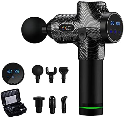 Manhattan Wellness Group.com Massage Gun Touch Screen LCD Portable Cordless Sports Deep Muscle Massage Gun for Pain Relief, Rechargeable, 6 Heads, 30 Speed | Carbon