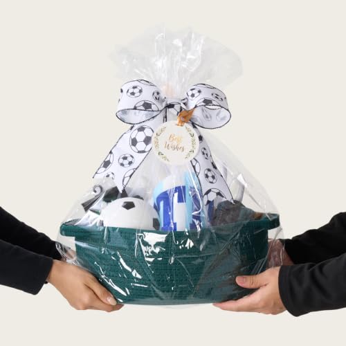 Image of Small Woven Gift Basket Empty - 12 inchx8 inchx5 inch, Green /Soccer Ribbon