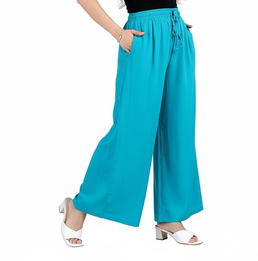 Women's Super Combed Cotton Rayon Palazzo Pants | Full Length | Mid-Rise | Elastic Waist with Drawstring & Pockets | Size: M to 6XL-picture-30
