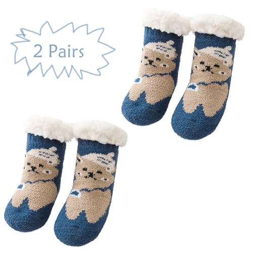 SIQITECHNO 2 Pairs Toddler Winter Slipper Socks Thick Fleece Lined Fuzzy Non Slip Warm Cozy Furry Socks Girls Boys Cute Socks2