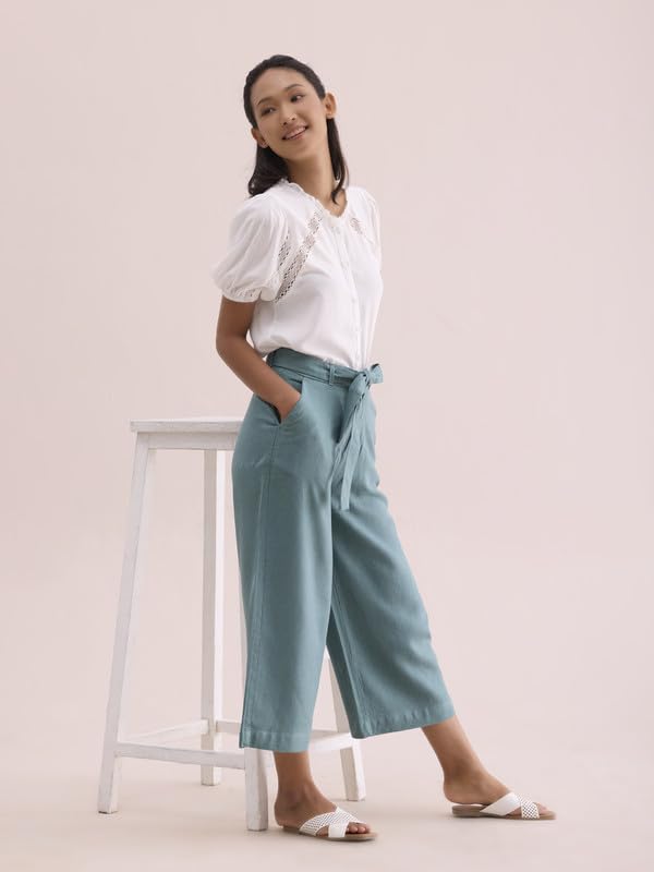 Image of GO COLORS Solid Linen Culottes for Women | High Rise, Side Pockets, Front tie-up