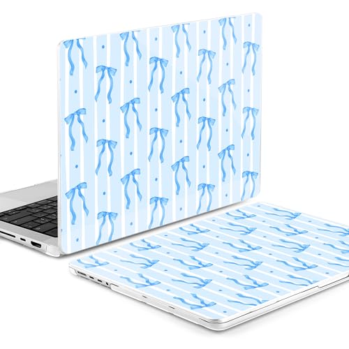 Image of MEEgoodo Case for MacBook Pro 16 inch 2026 2024 2023 2021,Laptop Shell Compatible with M5 M4 M3 M2 M1 Pro /Max Chip,Fit Model A3429 /A3428 /A3403 /A3186 /A2991 /A2780 /A2485,Coquette Blue Ribbon Bow&Stripe
