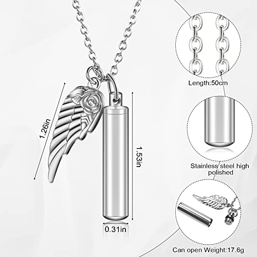 10 Pieces Urn Necklace for Ashes Cylinder Cremation Jewelry with Angel Wing Charm Memorial Pendant Keepsake for Women Men Vial Cremation Ash Pendant(0.31 x 1.54 Inch,Silver)2