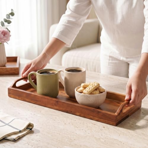 Image of Nestasia Wooden Serving Tray with Handles (41x16cm) - Acacia Wood Rectangular Brown Tray for Dining & Coffee Table | Platter for Serving Tea, Cakes, Snacks, Breakfast & Home Decor (Deep Brown)