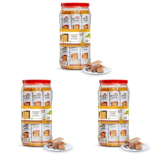 Image of Paper Boat Sesame Chikki Jar, Original Nutritious Bar, No Added Preservatives and Colours | Gajak | Sweets | Made with Jaggery | Gazak (50 pieces, 16 grams each) (Pack of 3)