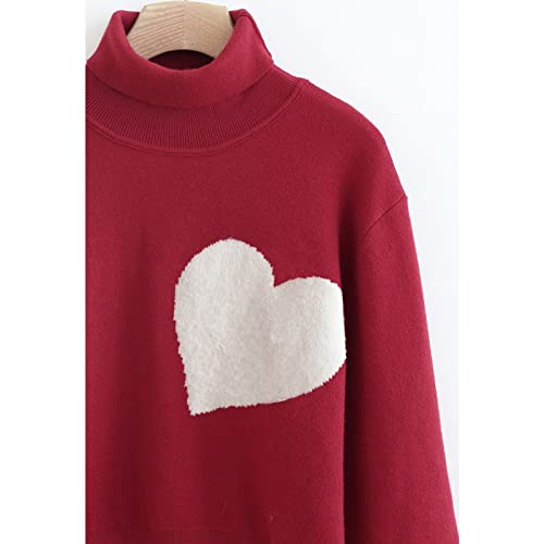 Image of CHICWISH Women's Red Embroidered Heart High Neck Knit Sweater