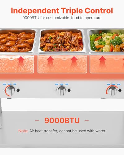 Image of VEVOR 3-Pan Commercial Propane Steam Table, LP Gas Outdoor Soup Warmer with Drain Valve and 3 inch Wheels, Stainless Steel Propane Food Warmer with Independent Temp Control, for Restaurant Outdoor Camping