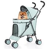 Umbrella Dog Stroller, 4 Wheels Pet Strolling, Foldable Carrier Pet Stroller for Small Dogs Cats, with Carrying Strap and Cup Holder, Dog Poop Bags & Dispenser, Up to 33 lbs, Cyan