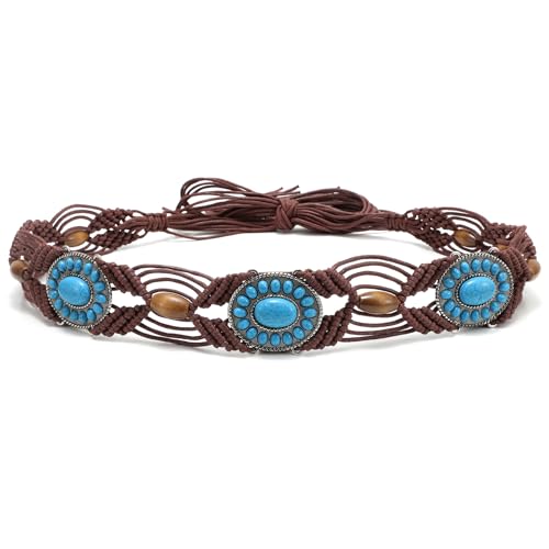 WHIPPY Boho Turquoise Belt for Women Wax Rope Braided Waist Belt Western Hand-Woven Bead Tassel Belts for Dress, 2