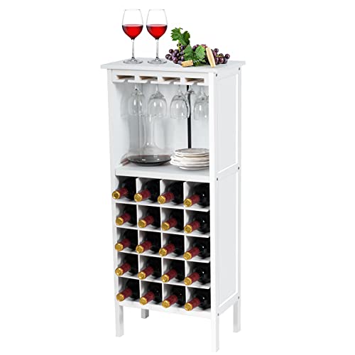 GYMAX Portabottiglie in Legno, Cantinetta Portabottiglie per 20 Bottiglie e 4 Calici, Multiuso, per Cucina, Sala da Pranzo e Soggiorno, 42 x 25 x 96 cm (BIANCO)