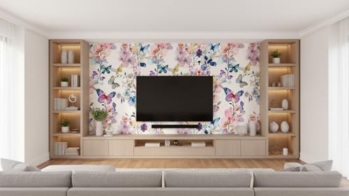 Image of Watercolor Butterfly and Floral Wallpaper,Pink and Blue, Self-Adhesive Peel and Stick Contact Paper Wall Stickers for Girls' Room Nursery Decor Cafe Walls, Hotel,Bedroom (45X300 CM)