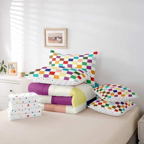Image of Feelyou Colorful Checkered Retro 7 Piece Bedding Set Kids Boys Girls Modern Geometric Cute Comforter Set with Sheets Twin Size Beige Colorful Bed in a Bag Vintage Simple Groovy Aesthetic Room Decor
