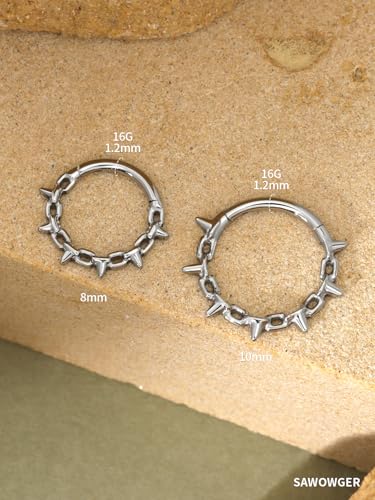 Titanium Septum Ring Daith Hoop 16G ASTM F136 Surgical Titanium Spiked Chain Nose Piercing Jewelry for Men Women, 8mm 10mm, Silver Gold, Hypoallergenic Clicker3