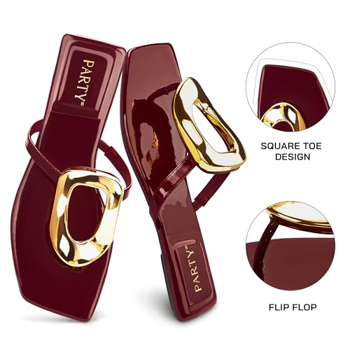 Image of PARTY Square Toe Flip Flops Women,Fashion Designer Thong Sandals with Gold Buckle Trendy Summer Comfort Flat Sandals