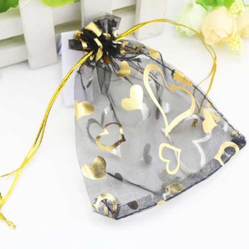 Image of QIANHAILIZZ 100 pcs 3.5 x 4.7 Inch Flower Heart Organza Jewelry Gift Pouch Candy Pouch Drawstring Wedding Favor Bags X92 (black gold heart)
