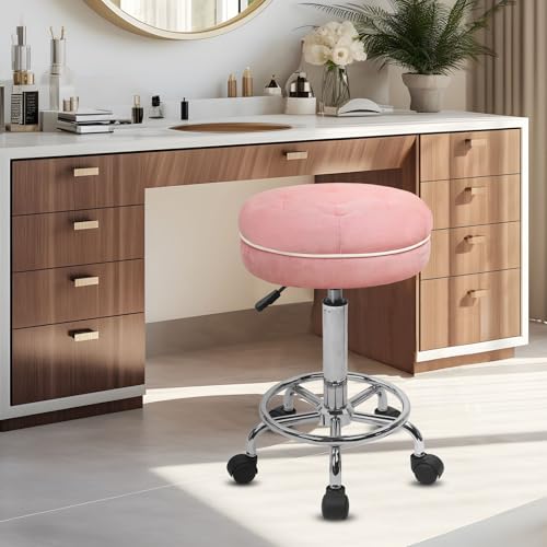Image of KLASIKA Velet Rolling Bar Stool with Wheels, Tall Drafting Stool with Adjustable Height and Footrest, Multi-Purpose Office Desk Chair for Home Kitchen Shop Work, Pink (2PK)