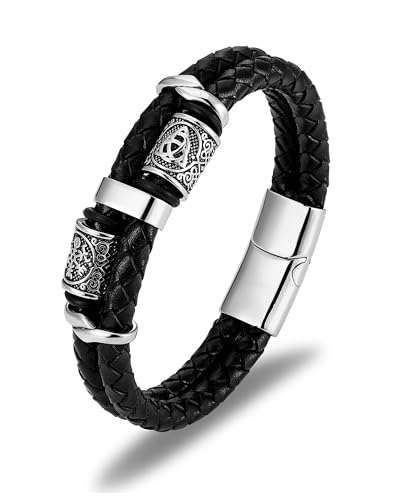Viking Compass Celtic Knot Bracelet, Mens 14K Gold Plated Black Braided Leather Cuff, 316L Stainless Steel Jewelry for Women Friend Father Husband Son