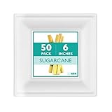 50 Biodegradable Disposable Square Plates - 6 Inch White Compostable & Microwavable Tree Free Sugarcane Plates for Dessert, Salad or Appetizer, Bulk Set