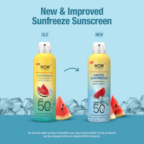 Image of WOW Skin Science Watermelon + Omega Arctic Sunfreeze Sunscreen Spray | SPF 50 PA++++ | -7C Cooling Effect | UV Rays + Pollution Defense | Lightweight, Non-Greasy & Invisible Finish | 100ml