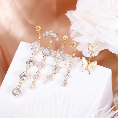 REVOLIA 5Pcs 14G Surgical Steel Dangle Belly Button Ring for Women Dangle Navel Ring Curved Belly Rings CZ Butterfly Barbell Body Piercing Jewelry3